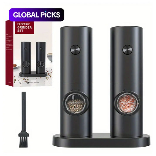 Electric Salt and Pepper Grinder Set (Batteries Not Included), 1 or 2-Count Battery-Powered Adjustable Grinder with LED Light, Base and Brush, Summer Gift Salt and Pepper Shaker, Kitchen Gadgets #GLOBAL PICKS